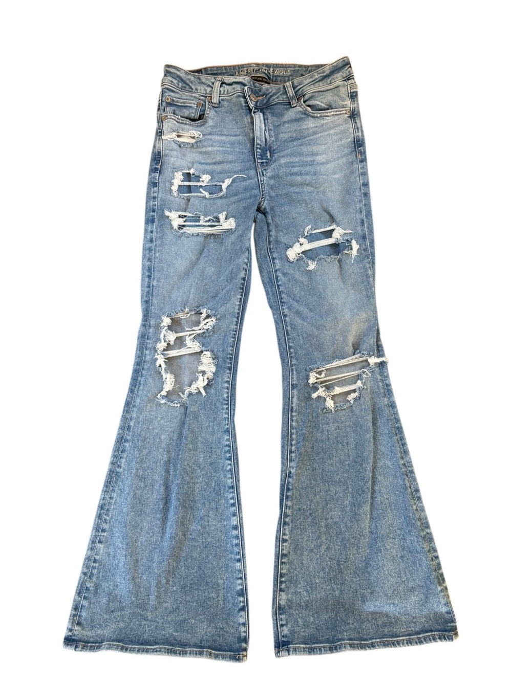 American Eagle Super Hi Rise Distressed Flare Jeans.  Size 10